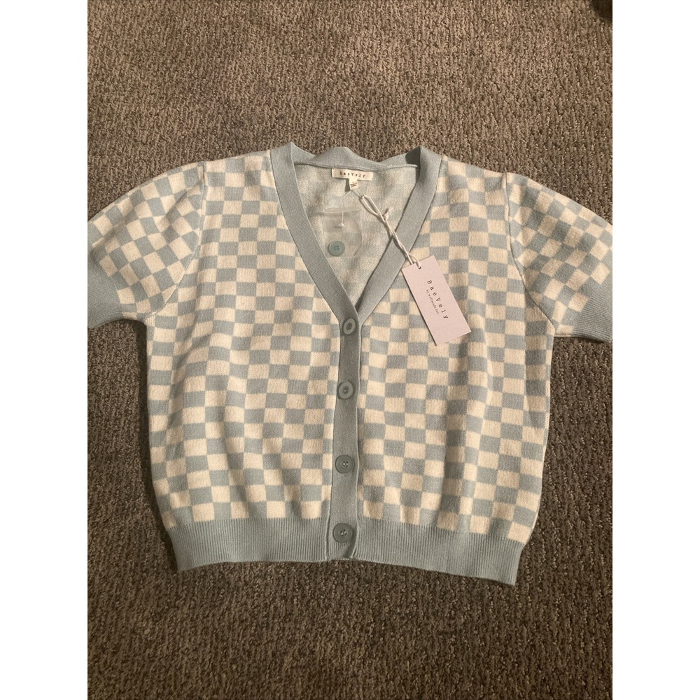 BaeVely Short Sleeve Checkerboard Crop Button Up Sweater New! Juniors L Fits S-M